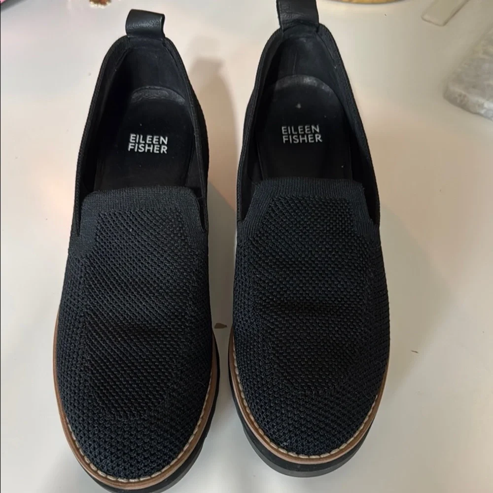 Eileen Fisher Black Knit Wedge Slip-On Loafers